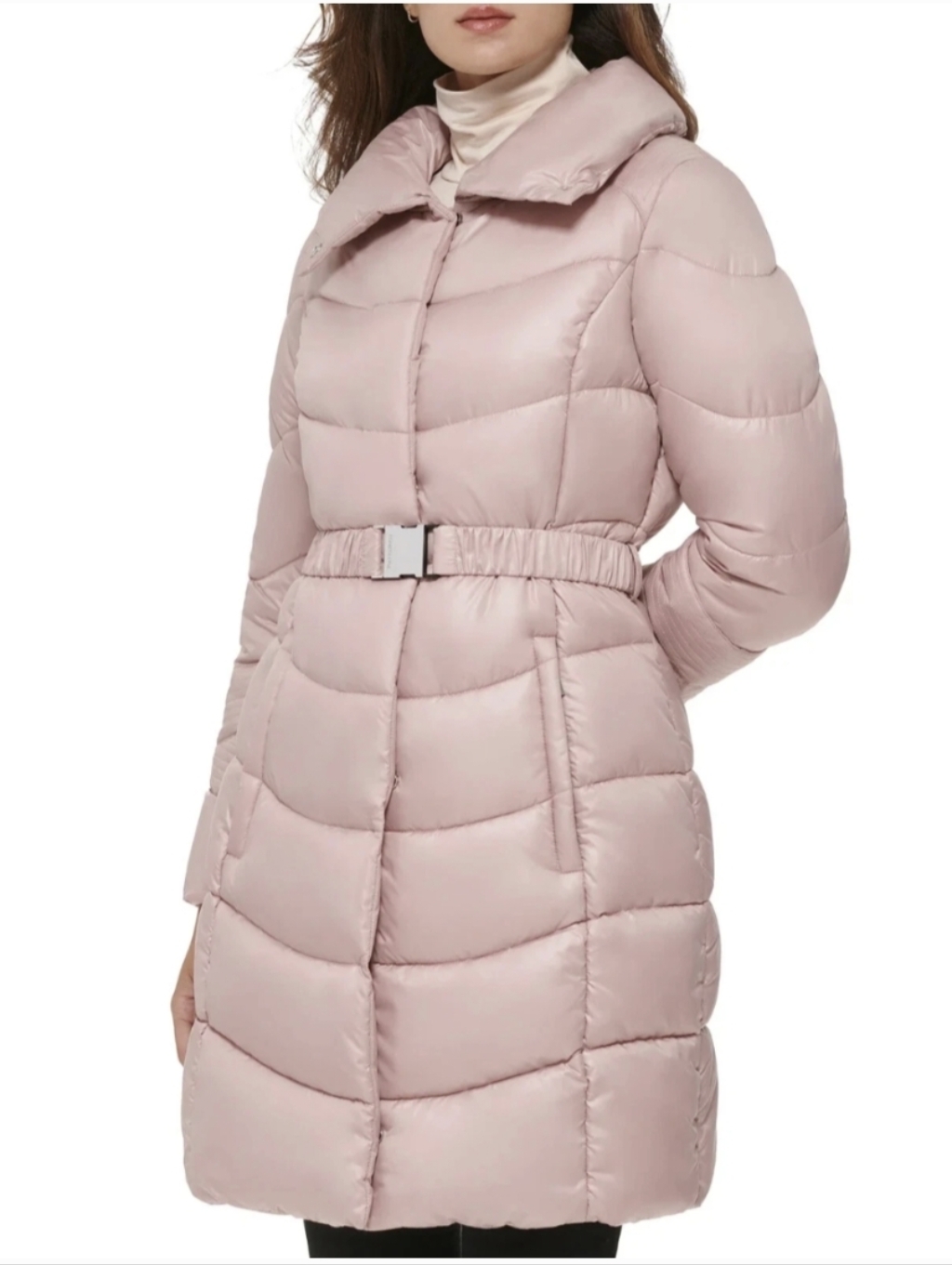 Kenneth Cole Long Belted Puffer Coat In Blush Pink